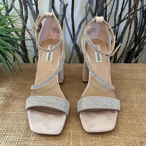 Steve Madden Varali Nude Rhinestone Block Heel Suede Sandals Size 10 - Picture 4 of 13
